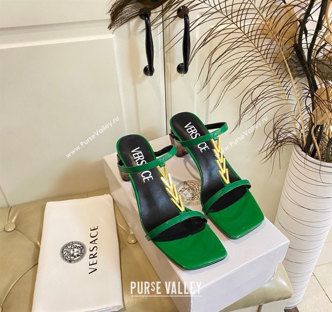 Versace Patent Leather Fragrance Heel Slides Sandal with V-Chain Green 2025 0429 (MD-250429006)
