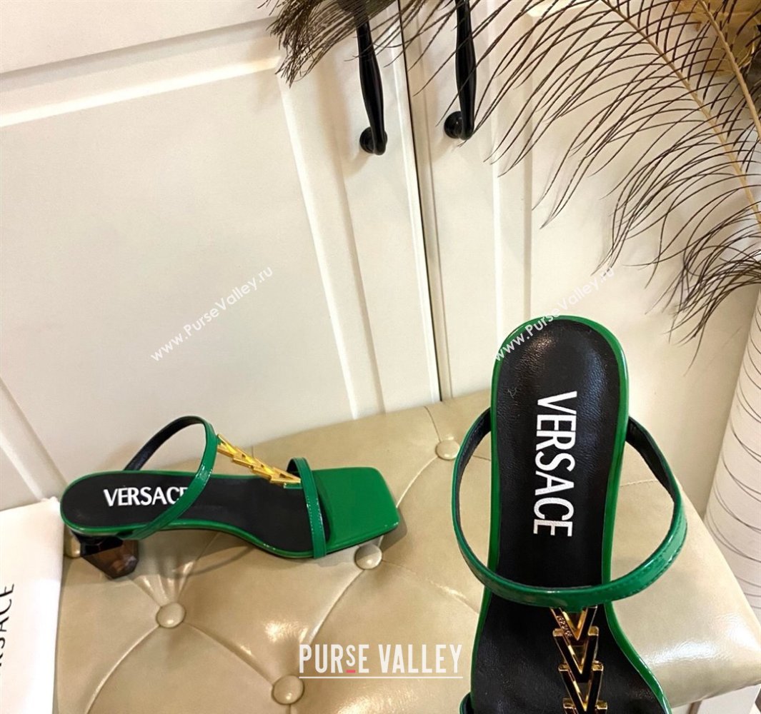 Versace Patent Leather Fragrance Heel Slides Sandal with V-Chain Green 2025 0429 (MD-250429006)