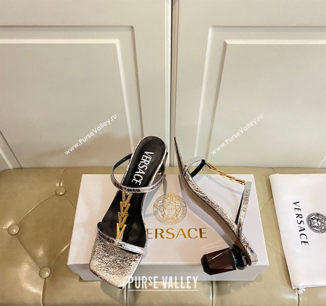 Versace Patent Leather Fragrance Heel Slides Sandal with V-Chain Silver 2025 0429 (MD-250429004)