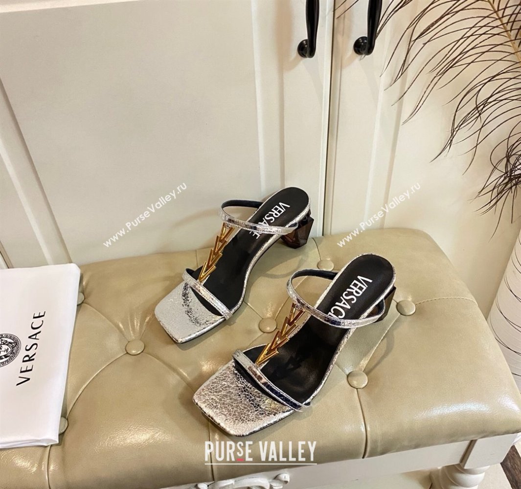 Versace Patent Leather Fragrance Heel Slides Sandal with V-Chain Silver 2025 0429 (MD-250429004)