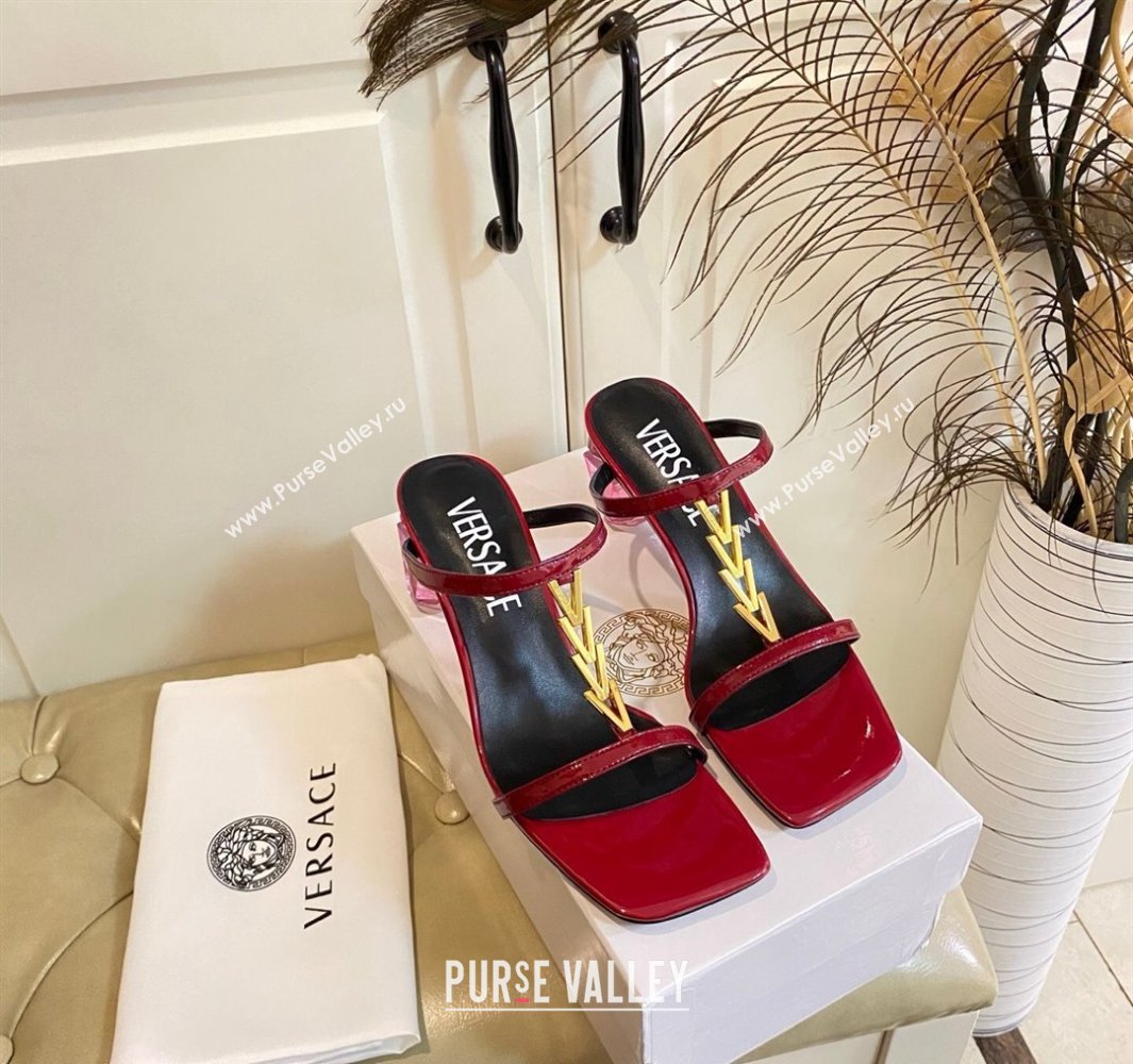Versace Patent Leather Fragrance Heel Slides Sandal with V-Chain Dark Red 2025 0429 (MD-250429008)