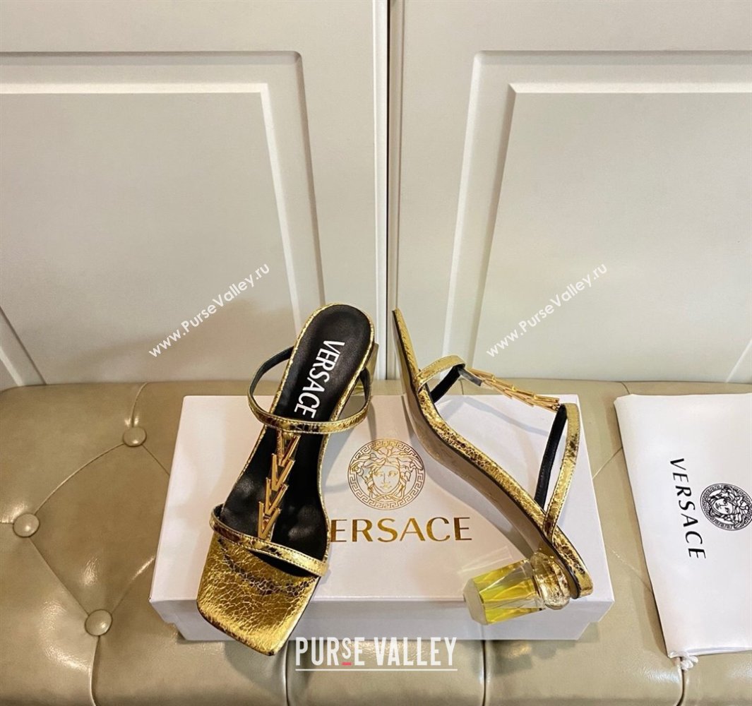 Versace Patent Leather Fragrance Heel Slides Sandal with V-Chain Gold 2025 0429 (MD-250429009)