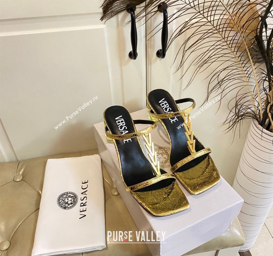 Versace Patent Leather Fragrance Heel Slides Sandal with V-Chain Gold 2025 0429 (MD-250429009)