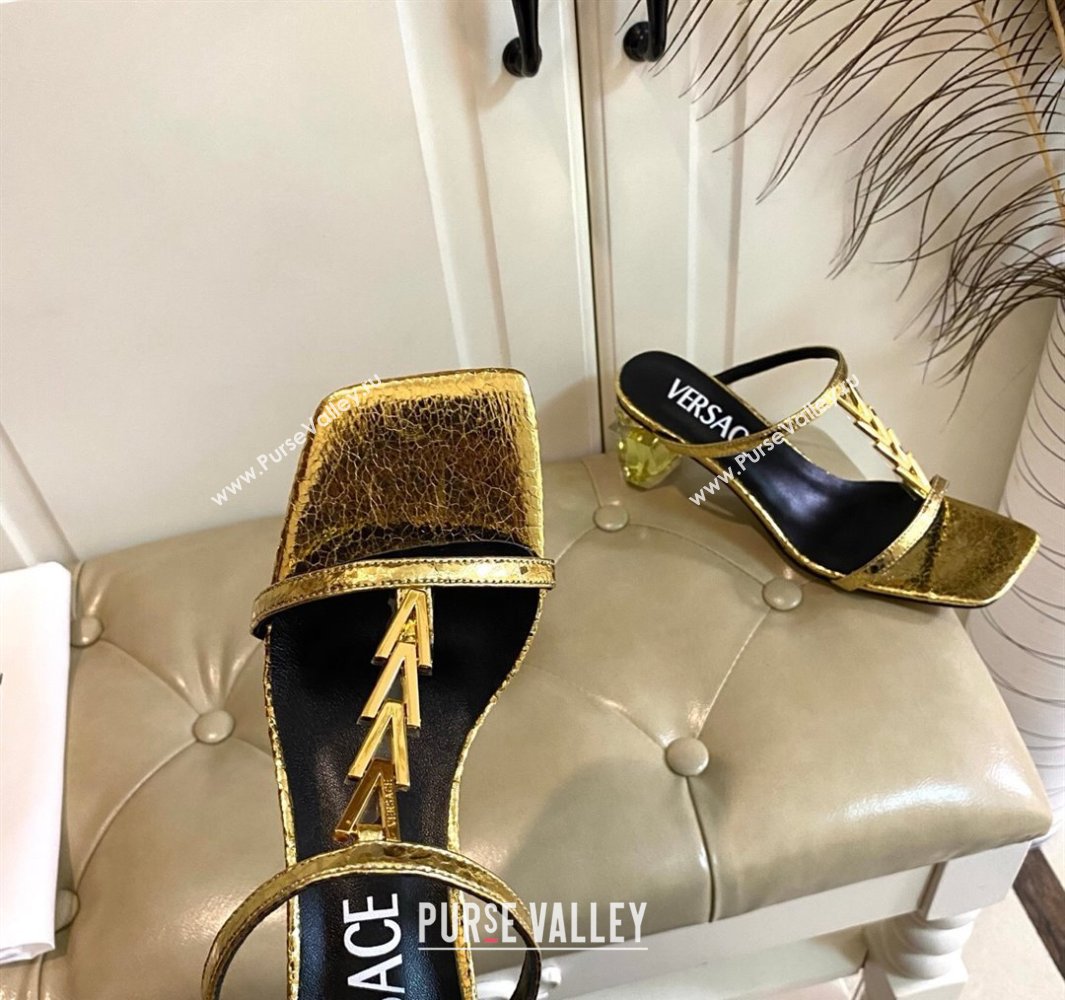 Versace Patent Leather Fragrance Heel Slides Sandal with V-Chain Gold 2025 0429 (MD-250429009)