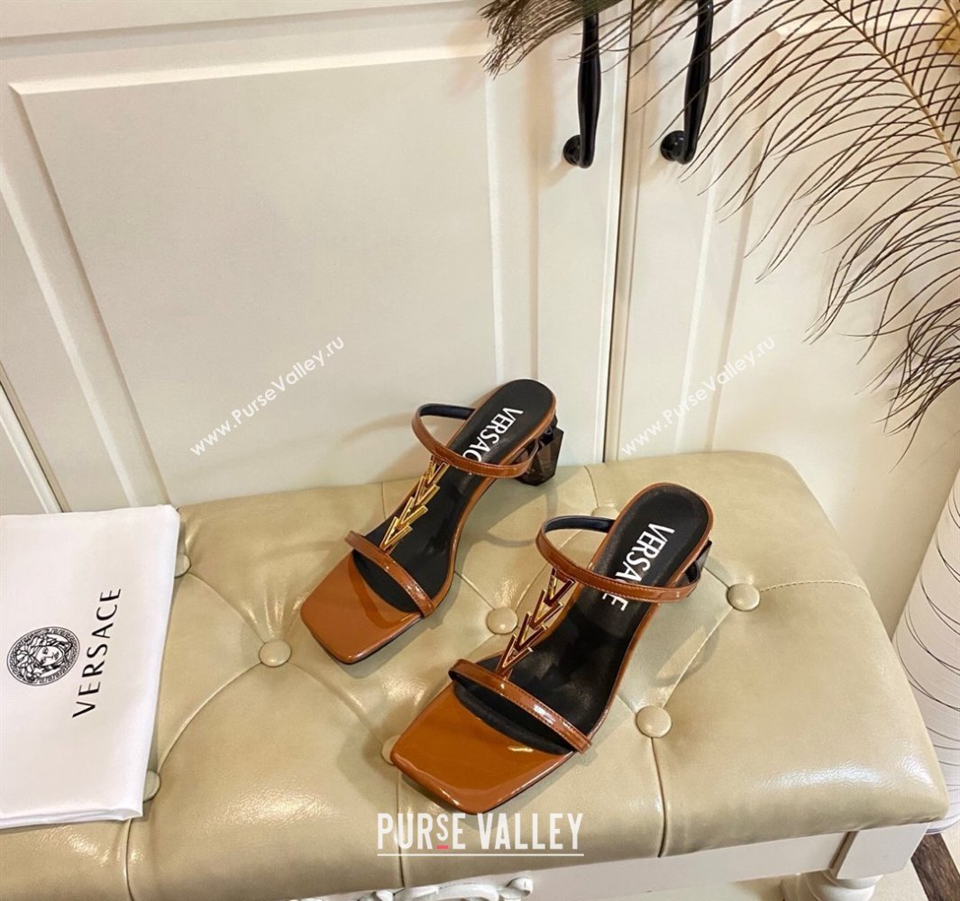 Versace Patent Leather Fragrance Heel Slides Sandal with V-Chain Brown 2025 0429 (MD-250429010)