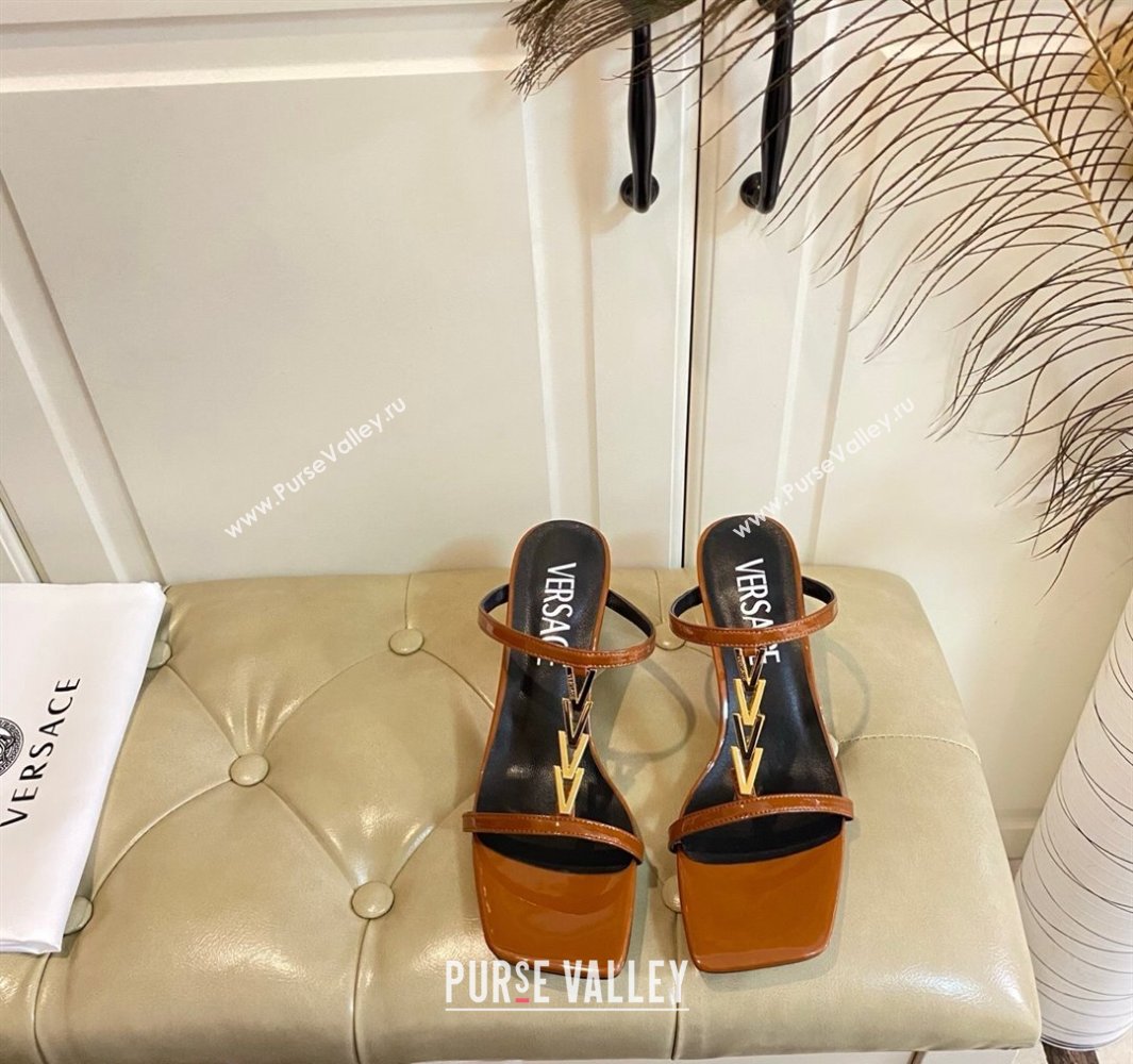 Versace Patent Leather Fragrance Heel Slides Sandal with V-Chain Brown 2025 0429 (MD-250429010)
