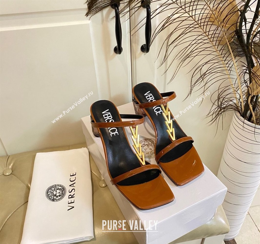 Versace Patent Leather Fragrance Heel Slides Sandal with V-Chain Brown 2025 0429 (MD-250429010)