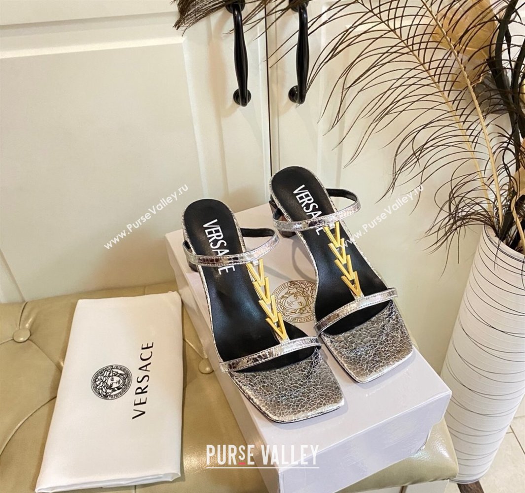 Versace Patent Leather Fragrance Heel Slides Sandal with V-Chain Silver 2025 0429 (MD-250429004)