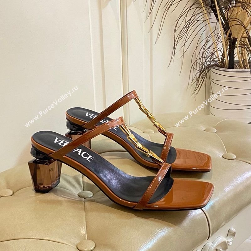 Versace Patent Leather Fragrance Heel Slides Sandal with V-Chain Brown 2025 0429 (MD-250429010)