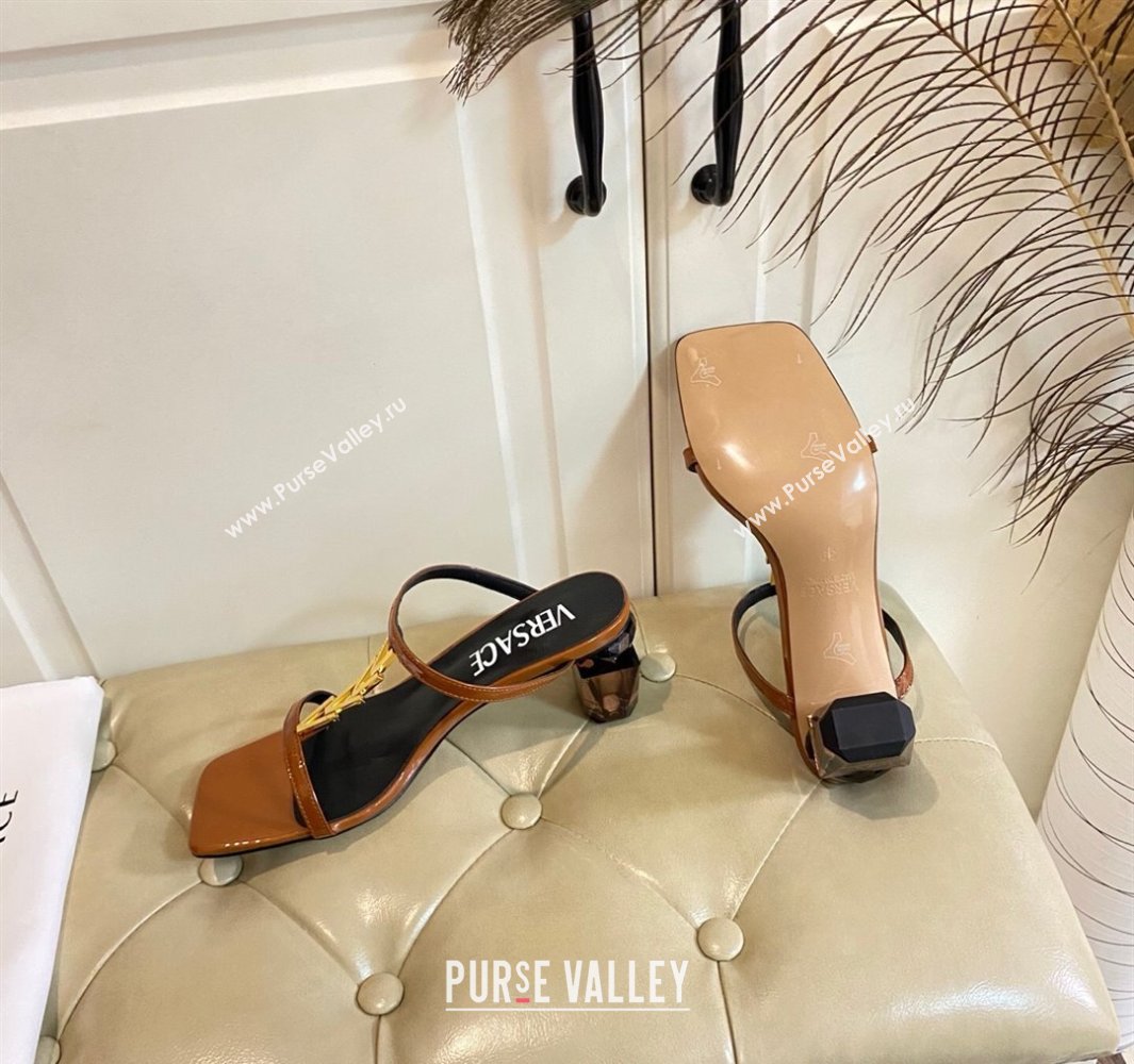 Versace Patent Leather Fragrance Heel Slides Sandal with V-Chain Brown 2025 0429 (MD-250429010)
