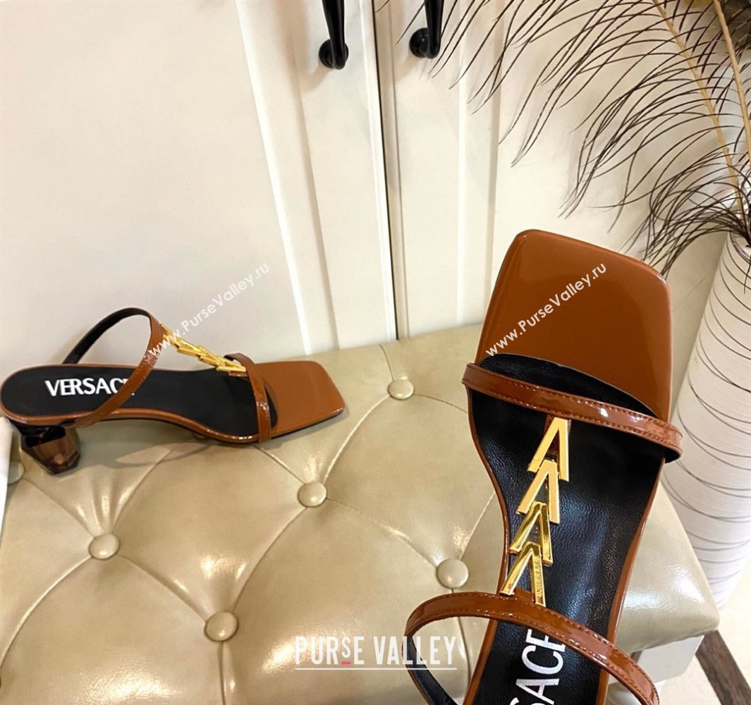 Versace Patent Leather Fragrance Heel Slides Sandal with V-Chain Brown 2025 0429 (MD-250429010)