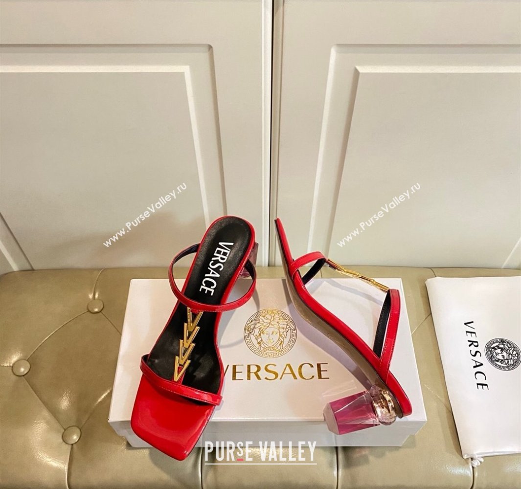 Versace Patent Leather Fragrance Heel Slides Sandal with V-Chain Bright Red 2025 0429 (MD-250429011)