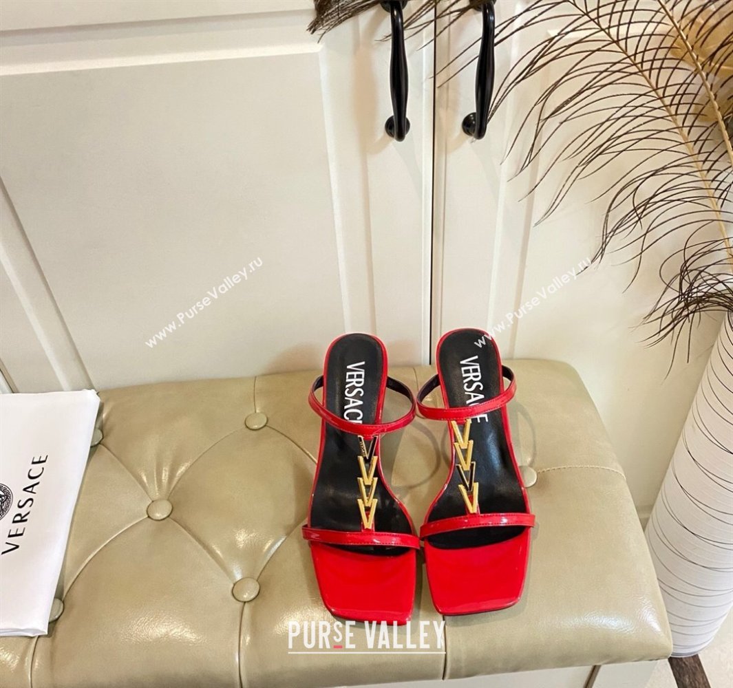 Versace Patent Leather Fragrance Heel Slides Sandal with V-Chain Bright Red 2025 0429 (MD-250429011)