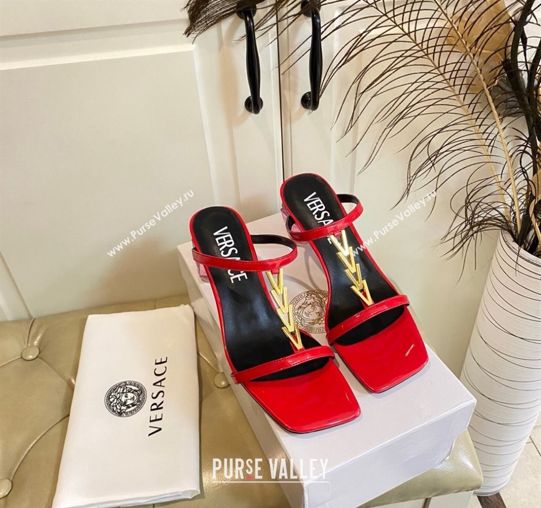 Versace Patent Leather Fragrance Heel Slides Sandal with V-Chain Bright Red 2025 0429 (MD-250429011)