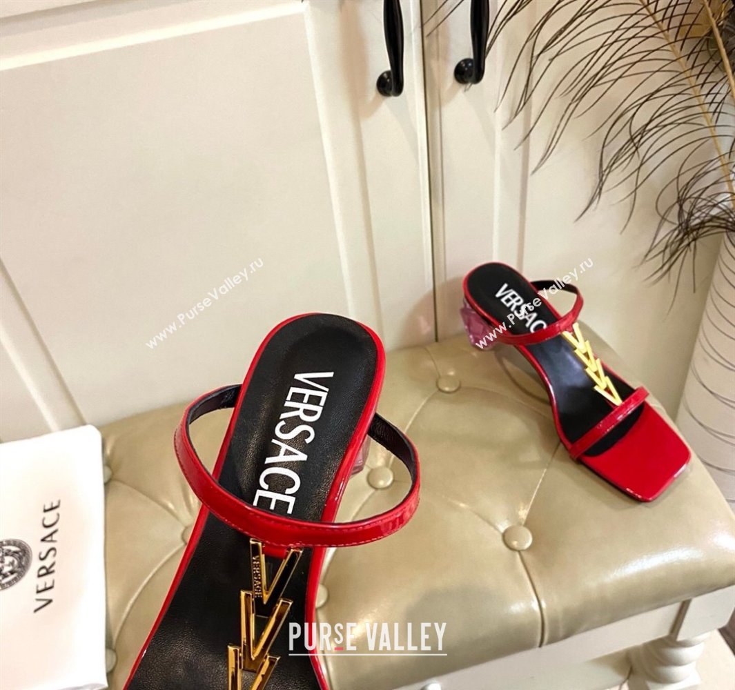 Versace Patent Leather Fragrance Heel Slides Sandal with V-Chain Bright Red 2025 0429 (MD-250429011)