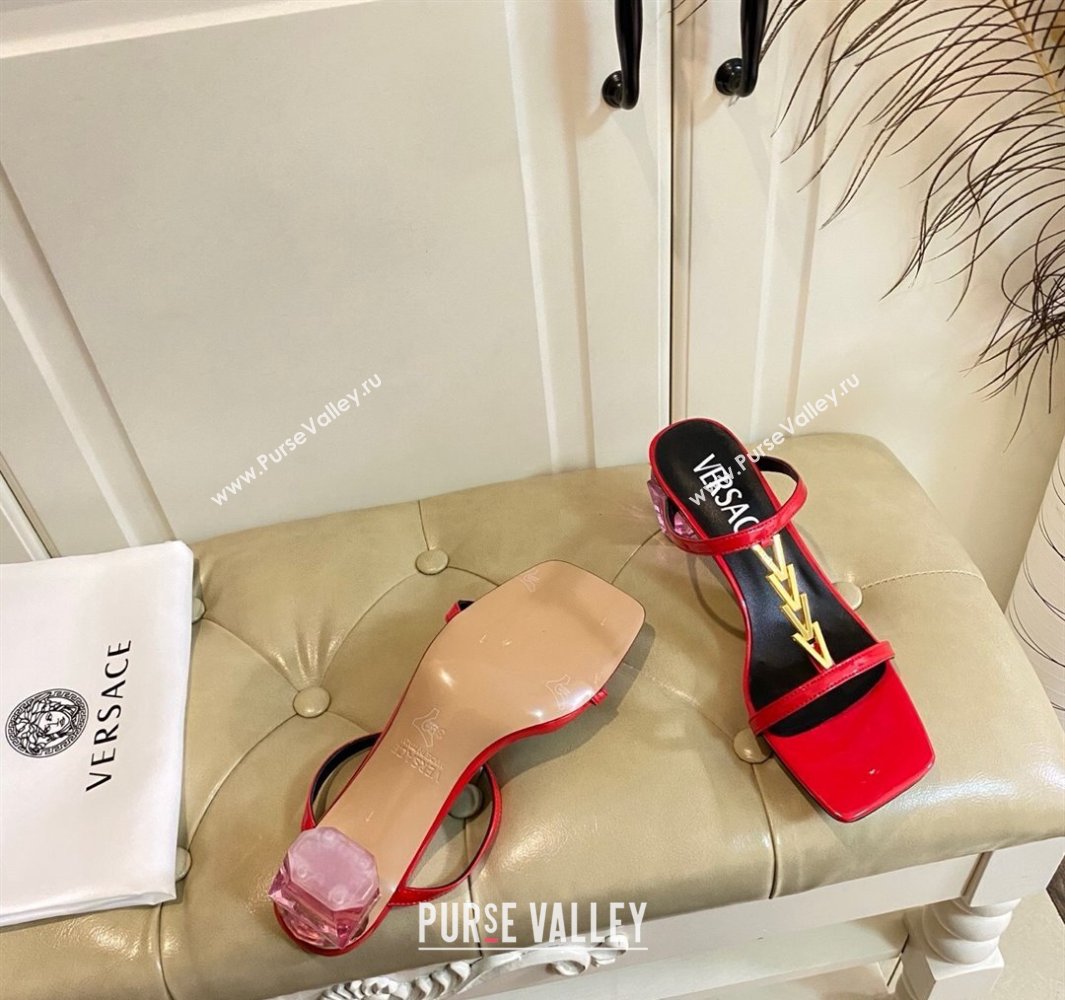 Versace Patent Leather Fragrance Heel Slides Sandal with V-Chain Bright Red 2025 0429 (MD-250429011)