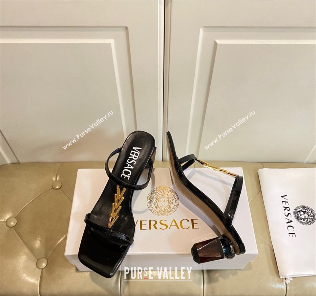 Versace Patent Leather Fragrance Heel Slides Sandal with V-Chain Black 2025 0429 (MD-250429012)