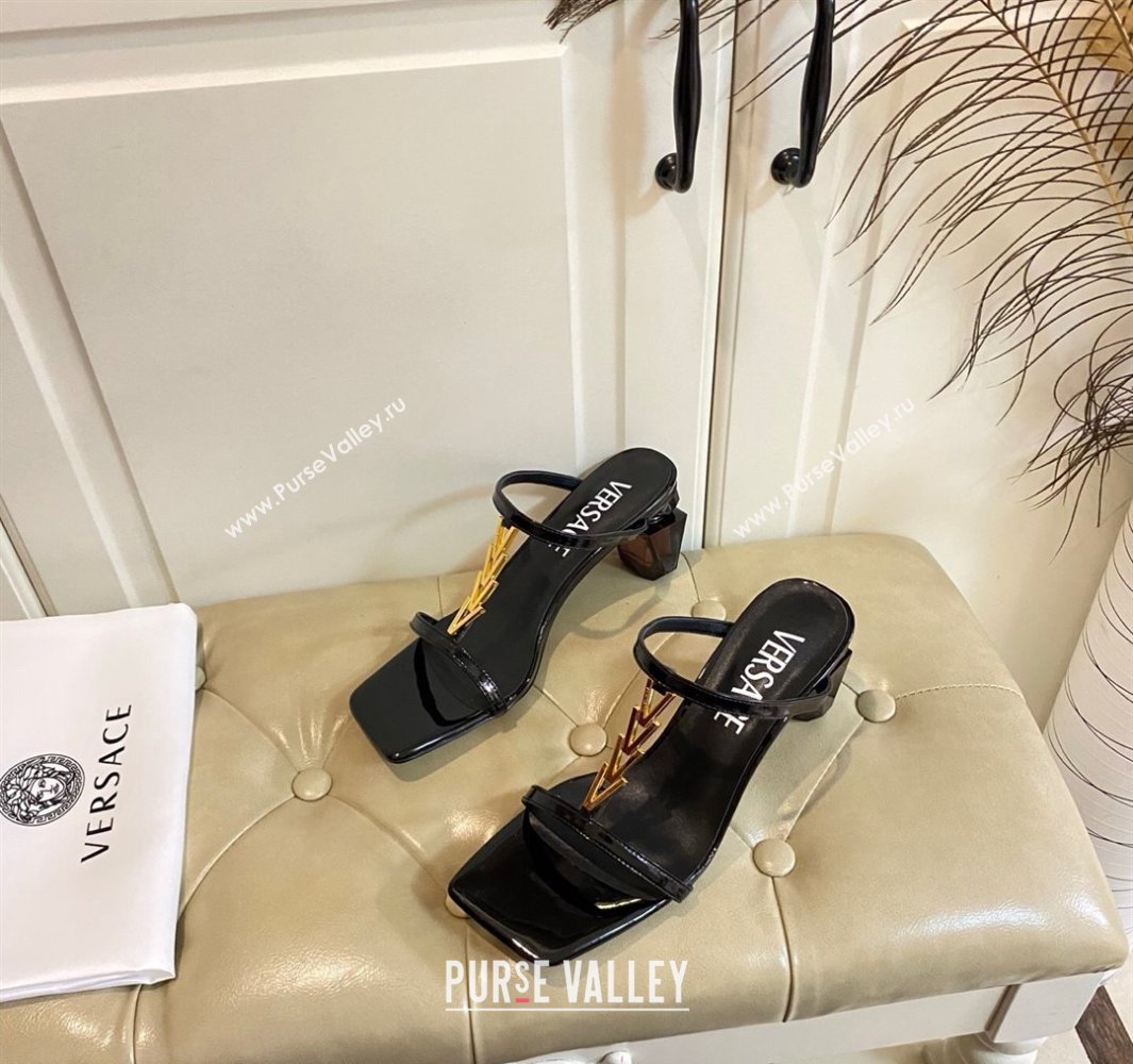 Versace Patent Leather Fragrance Heel Slides Sandal with V-Chain Black 2025 0429 (MD-250429012)