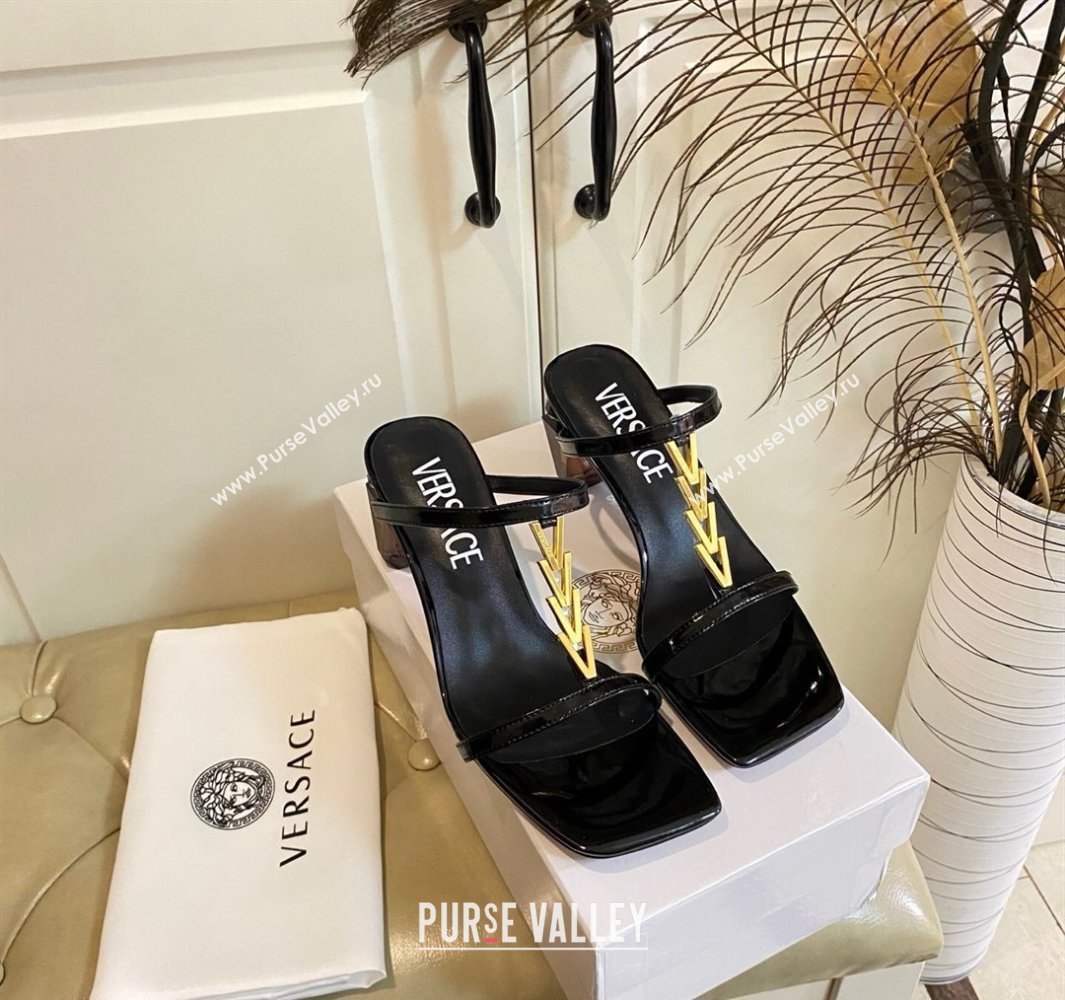 Versace Patent Leather Fragrance Heel Slides Sandal with V-Chain Black 2025 0429 (MD-250429012)