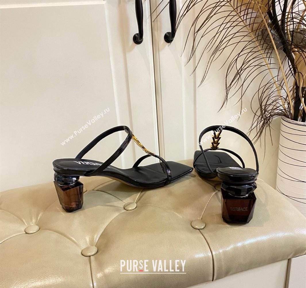 Versace Patent Leather Fragrance Heel Slides Sandal with V-Chain Black 2025 0429 (MD-250429012)