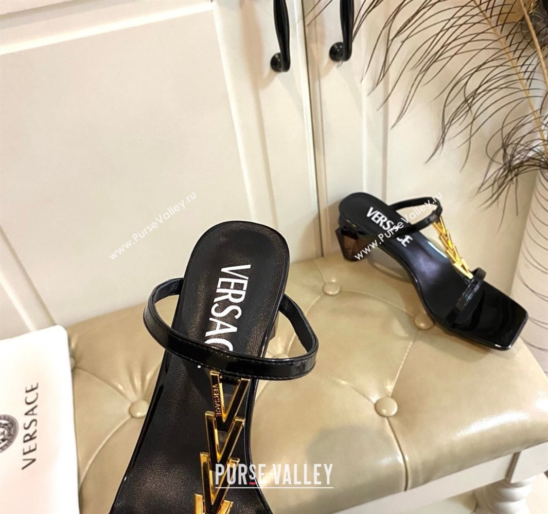 Versace Patent Leather Fragrance Heel Slides Sandal with V-Chain Black 2025 0429 (MD-250429012)