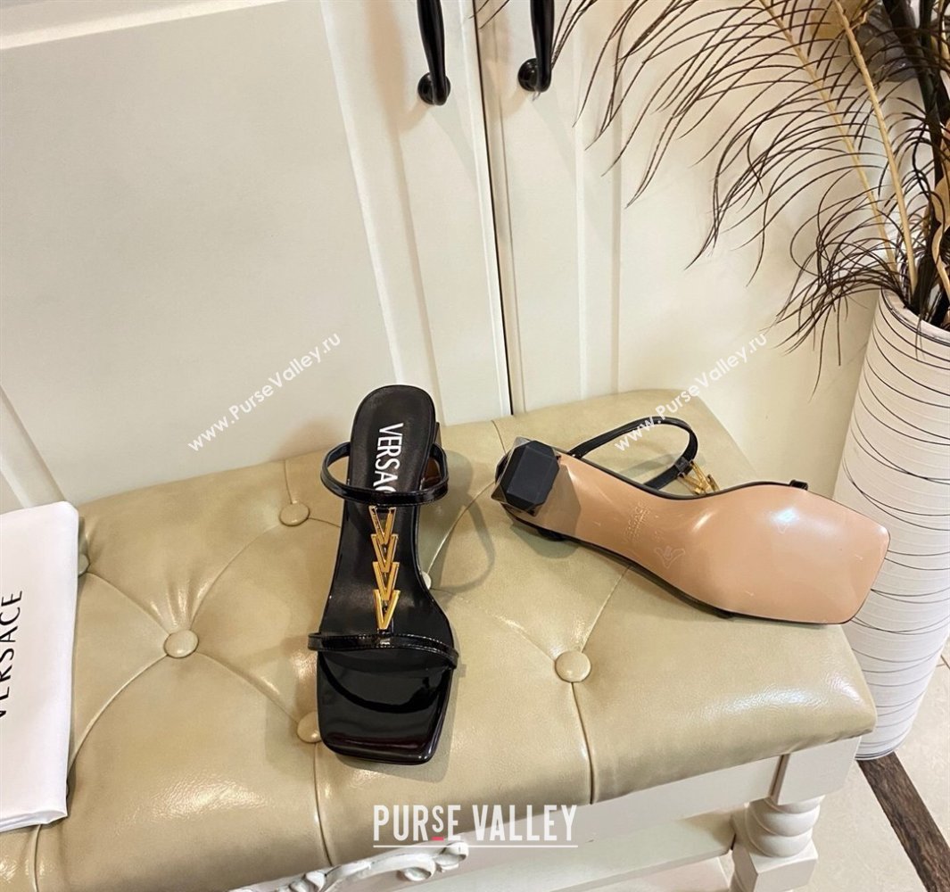 Versace Patent Leather Fragrance Heel Slides Sandal with V-Chain Black 2025 0429 (MD-250429012)