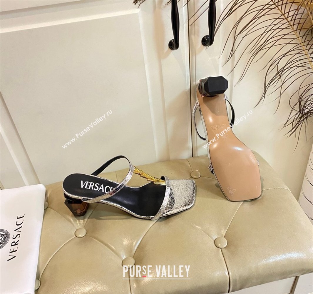 Versace Patent Leather Fragrance Heel Slides Sandal with V-Chain Silver 2025 0429 (MD-250429004)