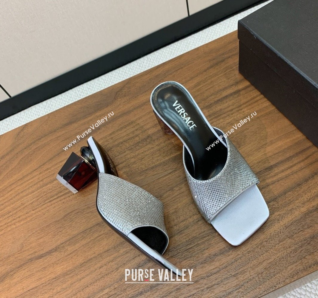Versace Bright Strass Satin Slides Sandal with Fragrance Heel 7cm Silver 2025 0429 (MD-250429014)