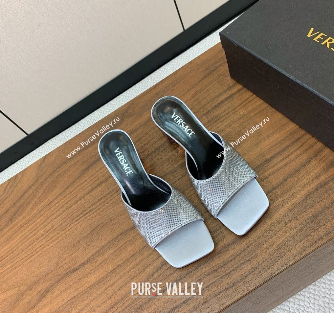Versace Bright Strass Satin Slides Sandal with Fragrance Heel 7cm Silver 2025 0429 (MD-250429014)