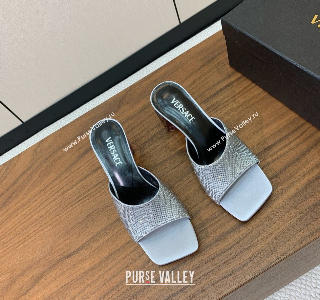 Versace Bright Strass Satin Slides Sandal with Fragrance Heel 7cm Silver 2025 0429 (MD-250429014)
