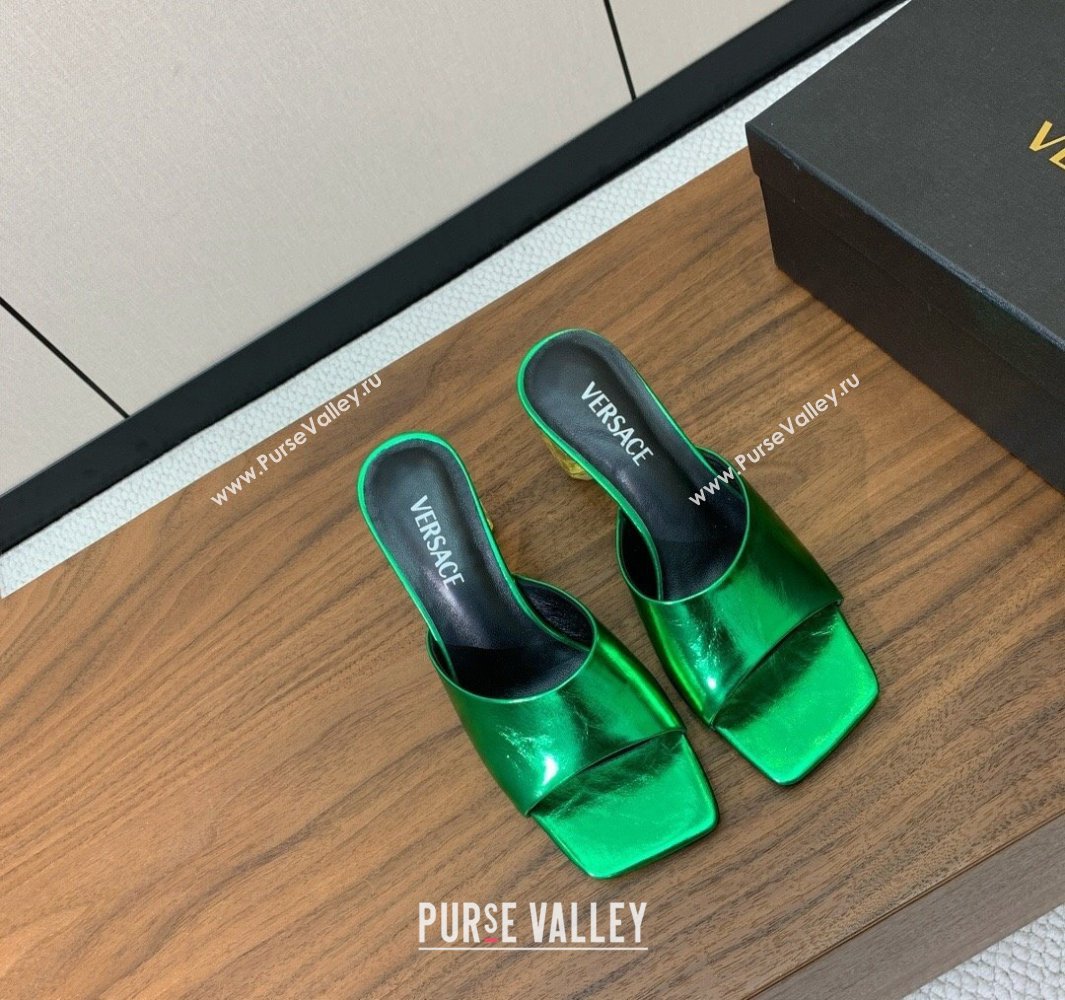 Versace Bright Patent Leather Slides Sandal with Fragrance Heel 7cm Green 2025 0429 (MD-250429029)