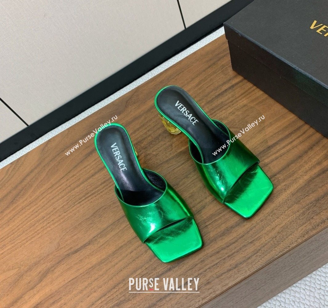 Versace Bright Patent Leather Slides Sandal with Fragrance Heel 7cm Green 2025 0429 (MD-250429029)