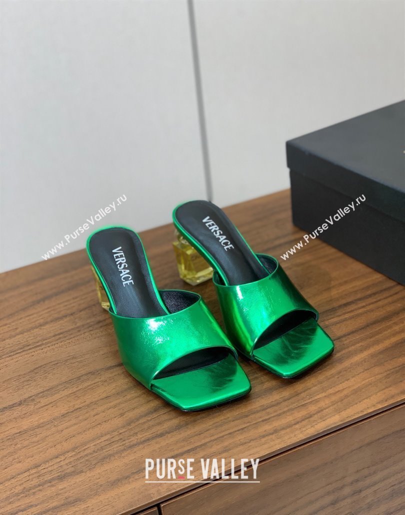 Versace Bright Patent Leather Slides Sandal with Fragrance Heel 7cm Green 2025 0429 (MD-250429029)