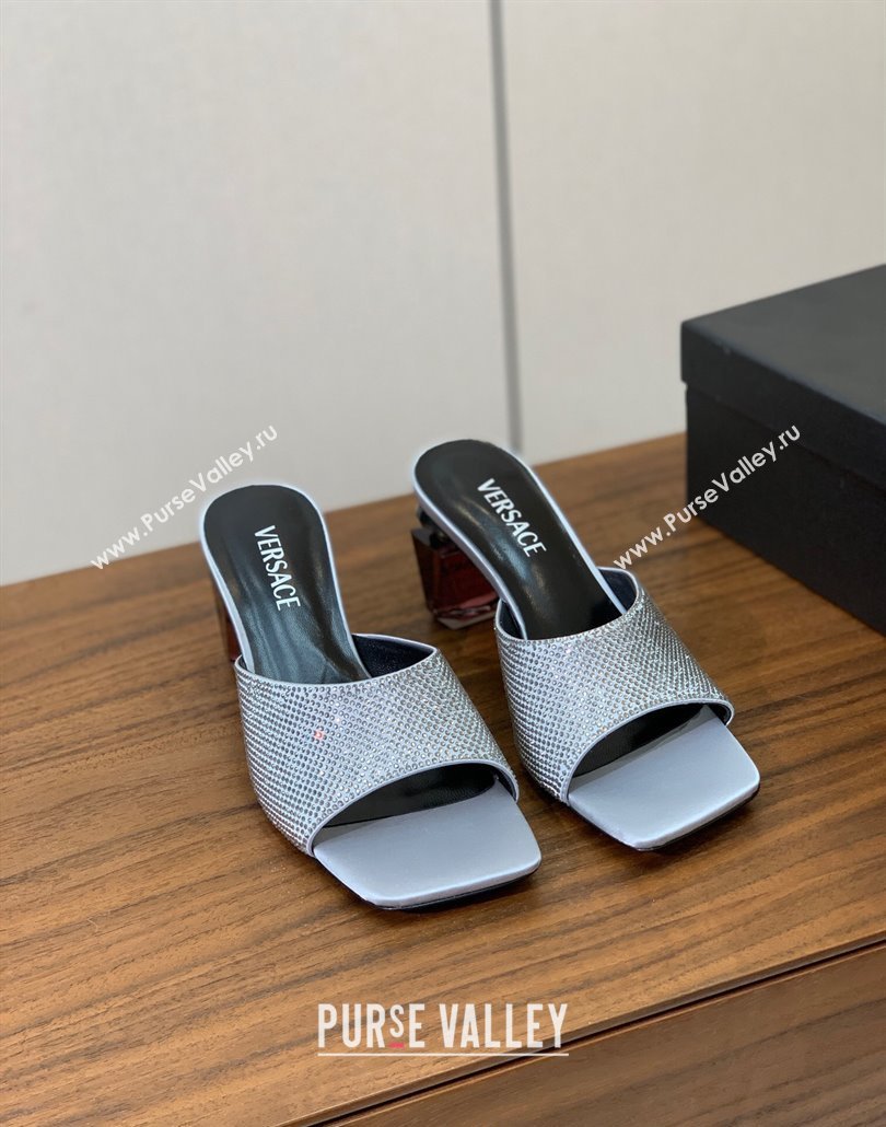 Versace Bright Strass Satin Slides Sandal with Fragrance Heel 7cm Silver 2025 0429 (MD-250429014)