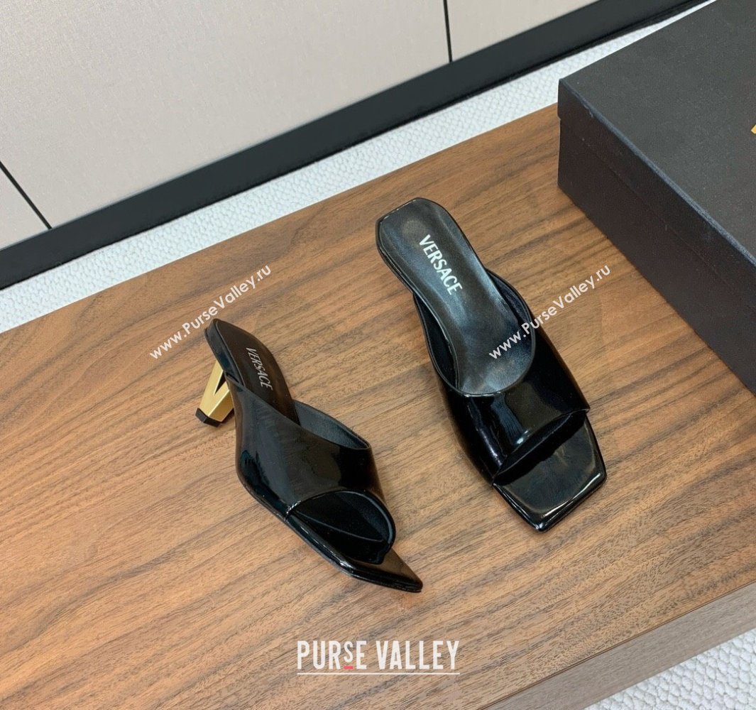 Versace V2025 Patent Leather Slides Sandal 5.5cm with V-shaped Heel Black 2025 0429 (MD-250429030)