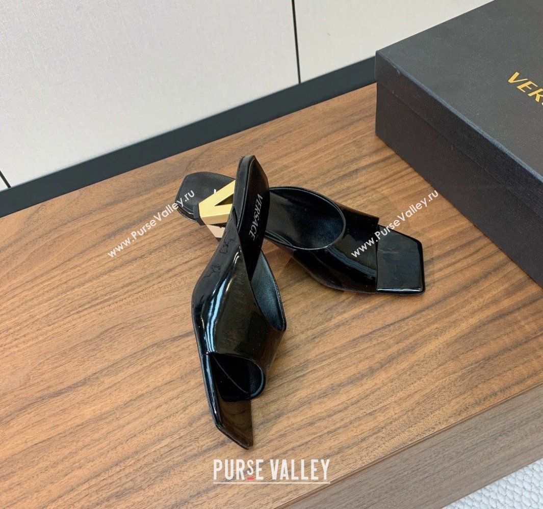 Versace V2025 Patent Leather Slides Sandal 5.5cm with V-shaped Heel Black 2025 0429 (MD-250429030)