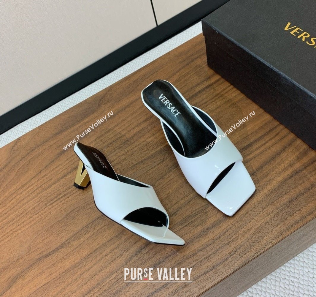 Versace V2025 Patent Leather Slides Sandal 5.5cm with V-shaped Heel White 2025 0429 (MD-250429031)
