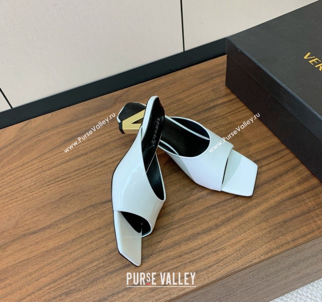 Versace V2025 Patent Leather Slides Sandal 5.5cm with V-shaped Heel White 2025 0429 (MD-250429031)