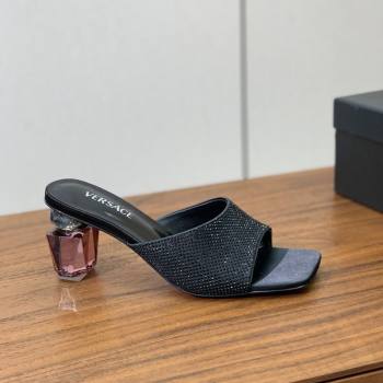 Versace Bright Strass Satin Slides Sandal with Fragrance Heel 7cm Black 2025 0429 (MD-250429013)