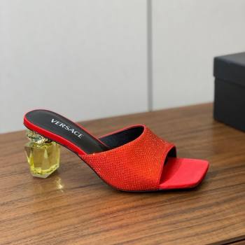 Versace Bright Strass Satin Slides Sandal with Fragrance Heel 7cm Red 2025 0429 (MD-250429017)
