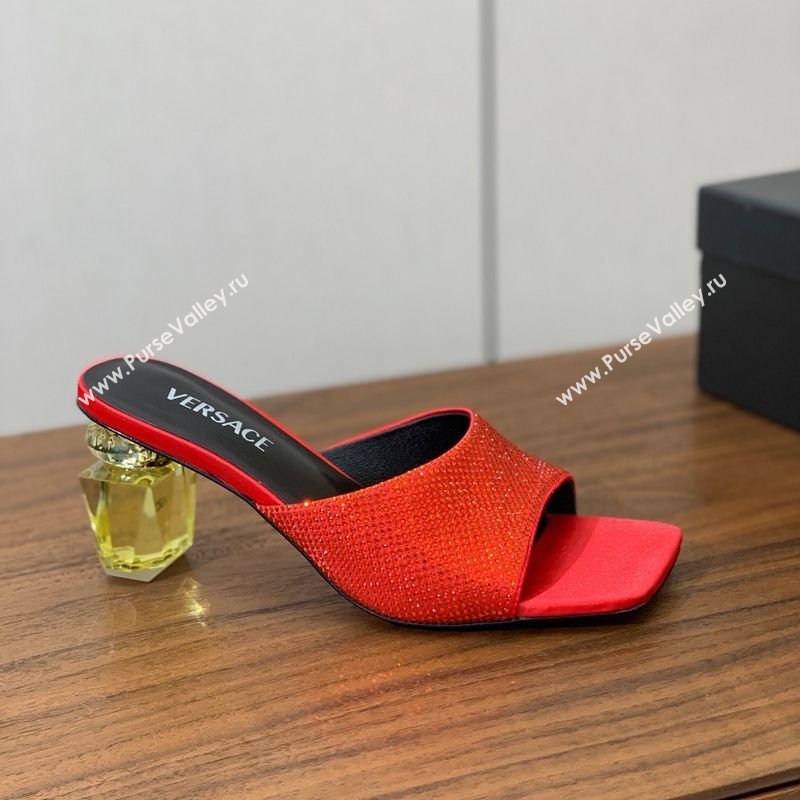 Versace Bright Strass Satin Slides Sandal with Fragrance Heel 7cm Red 2025 0429 (MD-250429017)