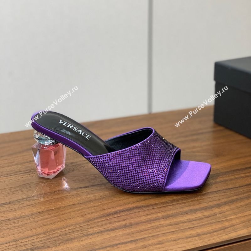 Versace Bright Strass Satin Slides Sandal with Fragrance Heel 7cm Dark Purple 2025 0429 (MD-250429020)