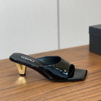 Versace V2025 Patent Leather Slides Sandal 5.5cm with V-shaped Heel Black 2025 0429 (MD-250429030)