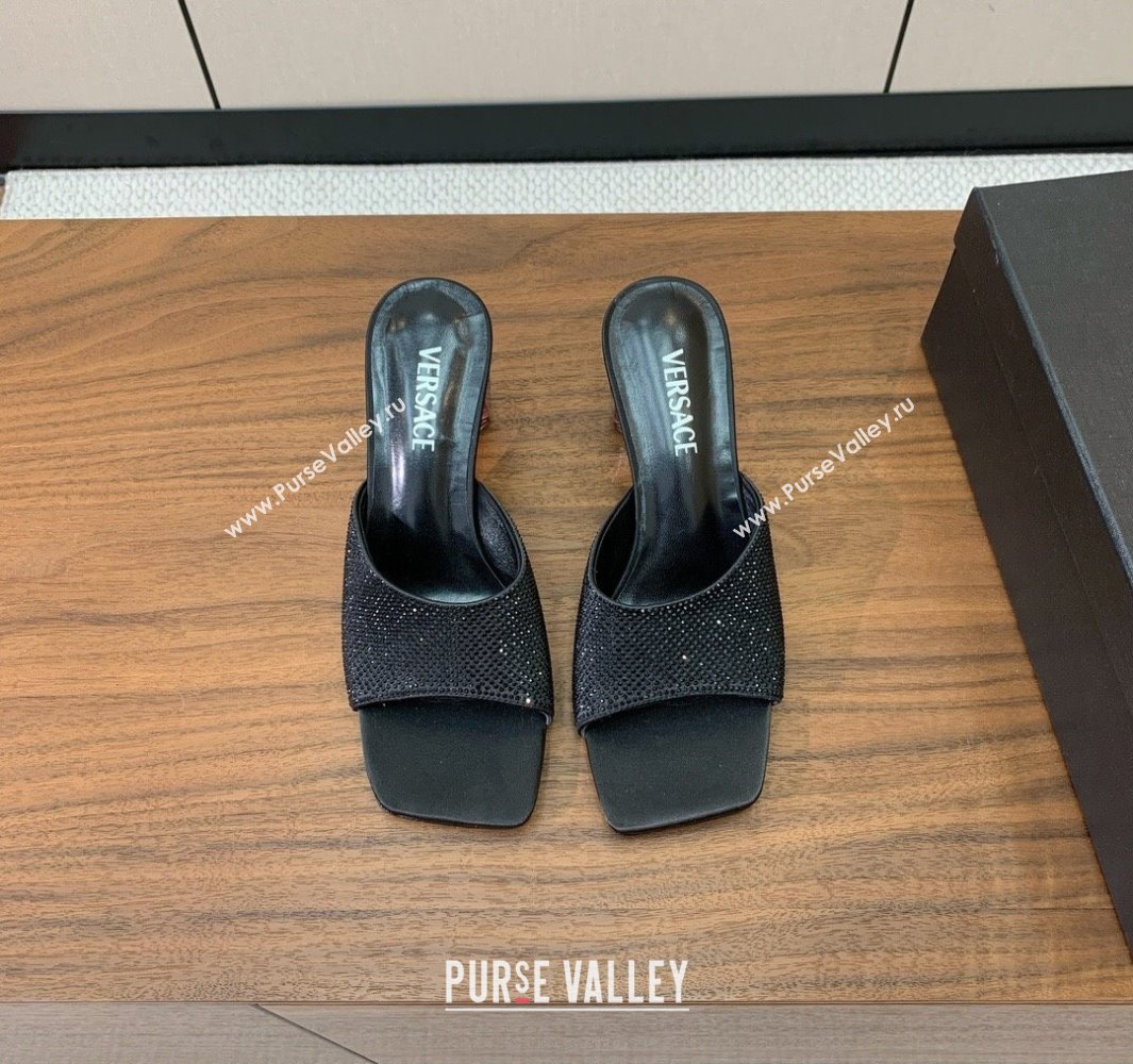 Versace Bright Strass Satin Slides Sandal with Fragrance Heel 7cm Black 2025 0429 (MD-250429013)