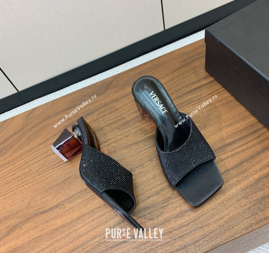 Versace Bright Strass Satin Slides Sandal with Fragrance Heel 7cm Black 2025 0429 (MD-250429013)