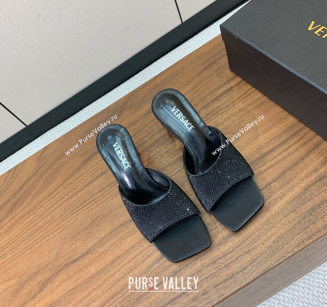 Versace Bright Strass Satin Slides Sandal with Fragrance Heel 7cm Black 2025 0429 (MD-250429013)