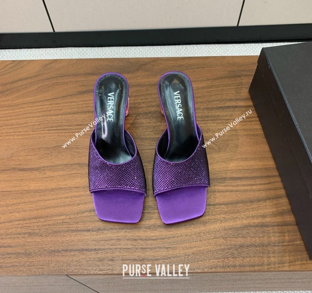 Versace Bright Strass Satin Slides Sandal with Fragrance Heel 7cm Dark Purple 2025 0429 (MD-250429020)