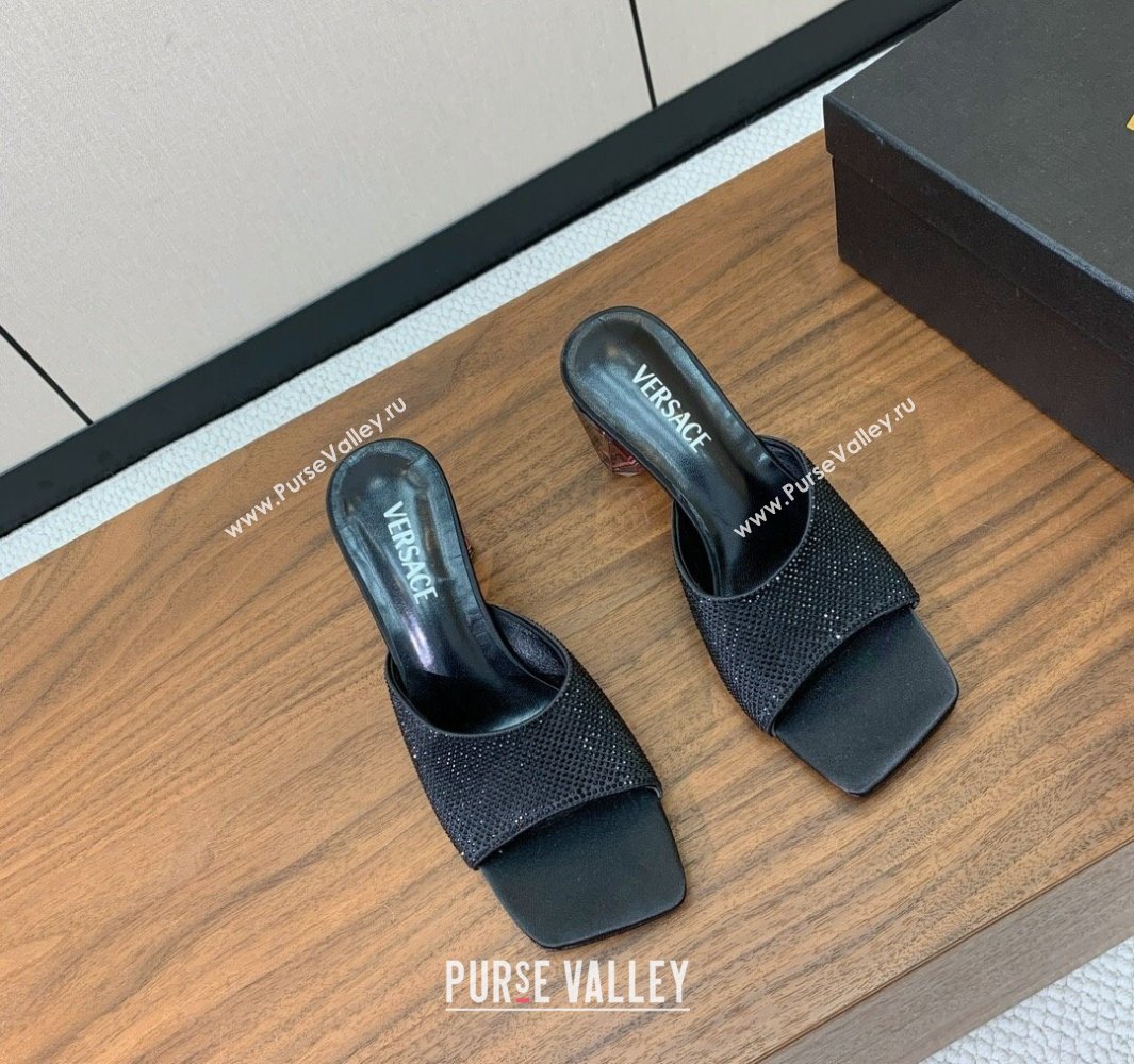 Versace Bright Strass Satin Slides Sandal with Fragrance Heel 7cm Black 2025 0429 (MD-250429013)