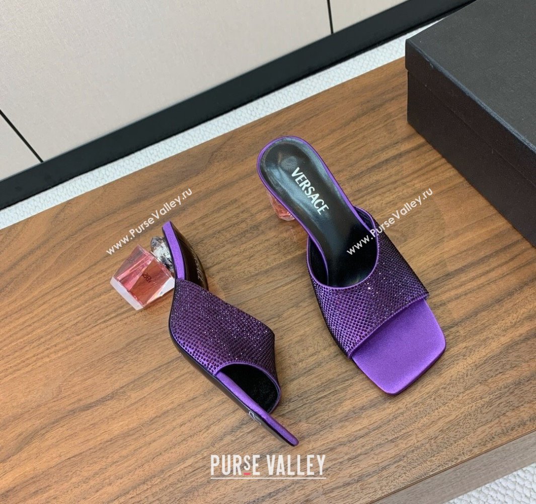 Versace Bright Strass Satin Slides Sandal with Fragrance Heel 7cm Dark Purple 2025 0429 (MD-250429020)