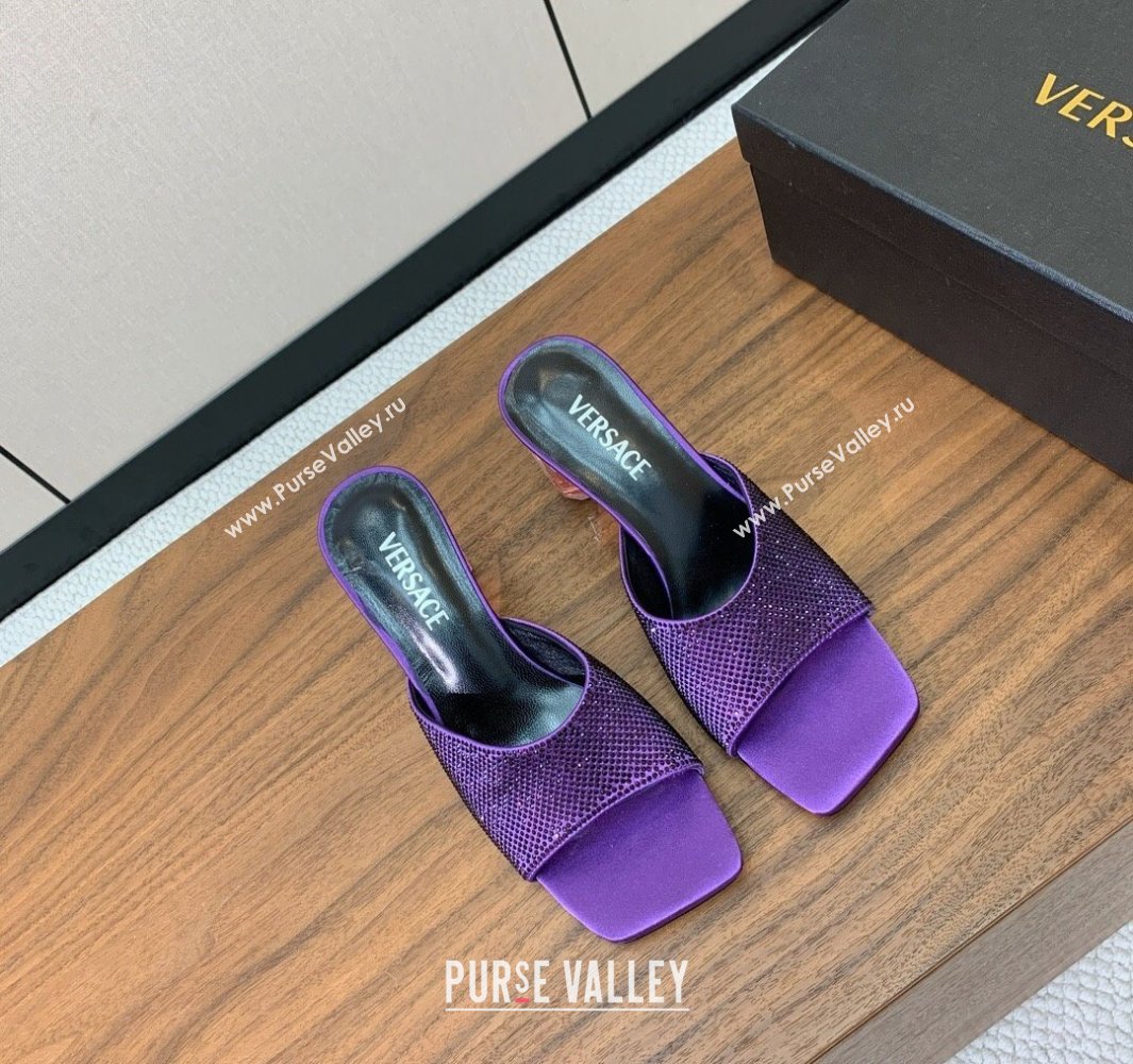 Versace Bright Strass Satin Slides Sandal with Fragrance Heel 7cm Dark Purple 2025 0429 (MD-250429020)